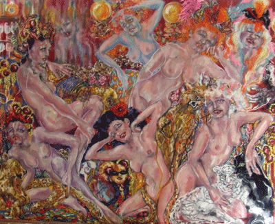 Image of a tangle of nude women with large cats