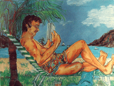 Pastel painting of man on a Hawaiian holiday relaxing