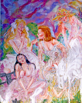 Pastel painting of Nymphish women in the early morning dawn