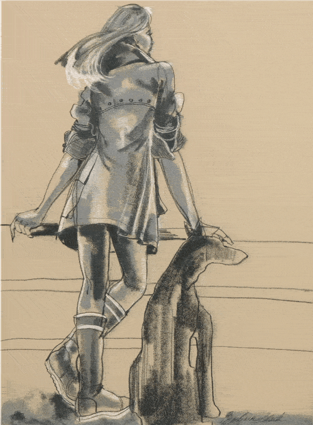 print of girl and her dog looking out to sea