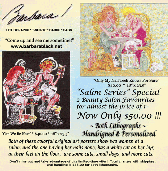 retro-look women with their cats and dogs gettins their nails and hair done